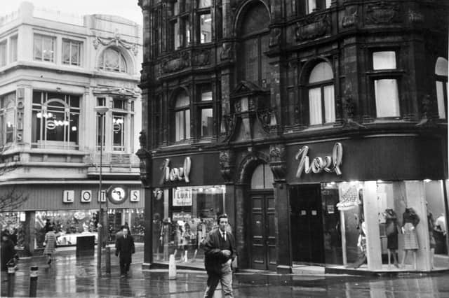 Noel fashion store on the corner of Lands Lane and Commercial Street, Leeds, in January 1971, with Lotus shoes in the background