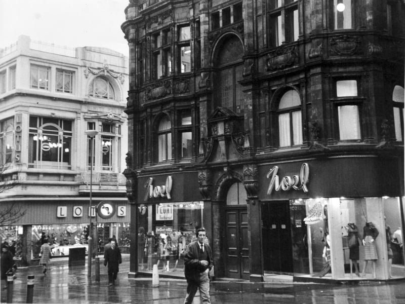 Noel fashion store on the corner of Lands Lane and Commercial Street, Leeds, in January 1971, with Lotus shoes in the background