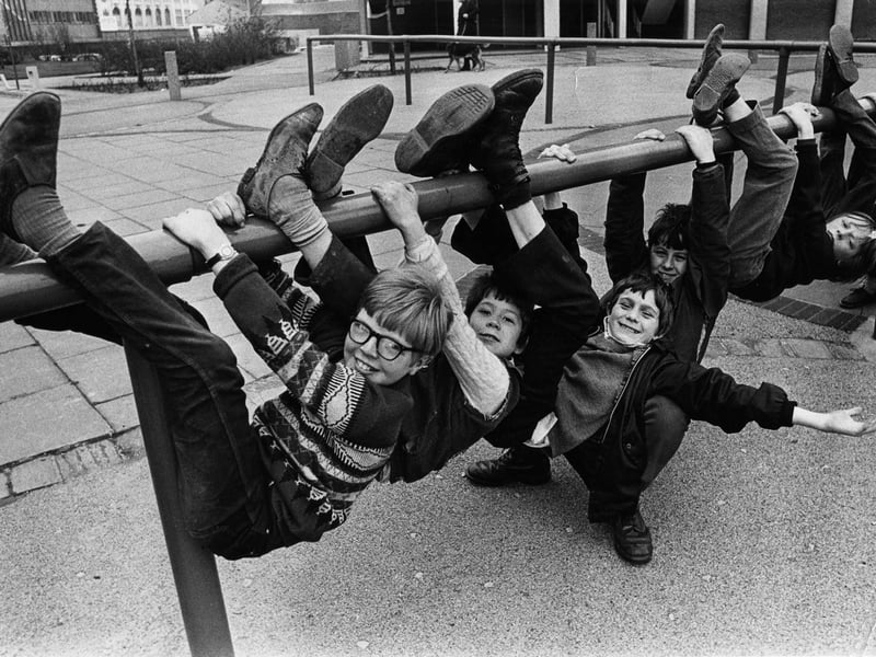 Children hanging around at a Sheffield playground in April 1971
