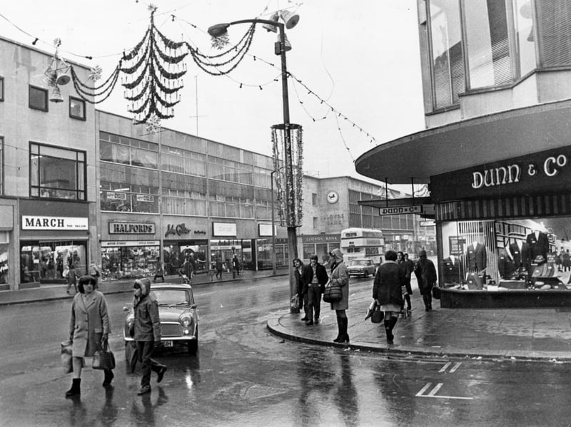 Shops on The Moor, Sheffield, in 1971, including Dunn & Co, March the Tailors, Mothercare and John Collier