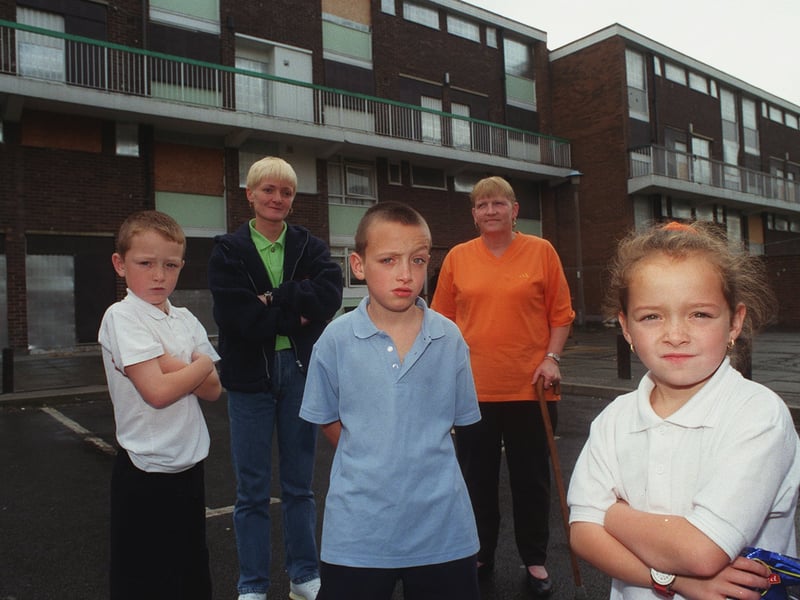 The last remaining tenants of the maisonettes on Lincoln Green Road pictured in September 1999. From left are Shane Henriques, Gaynor Henriques, Jason Henriques, grandmother Liz Craig and Alyshia Henriques.