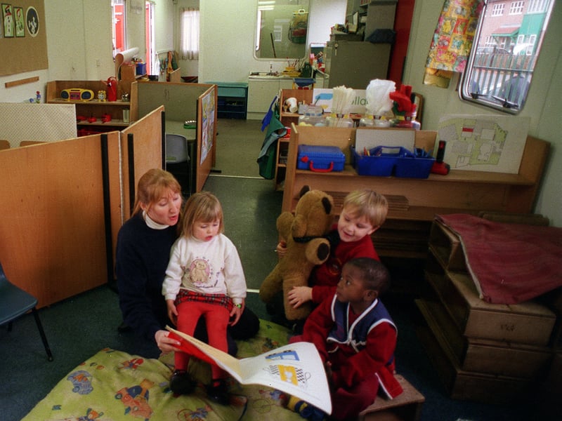 Nursery teacher Audrey Wass with children in a portakabin at Ebor Gardens Primary in January 1999. The school was being refurbished.
