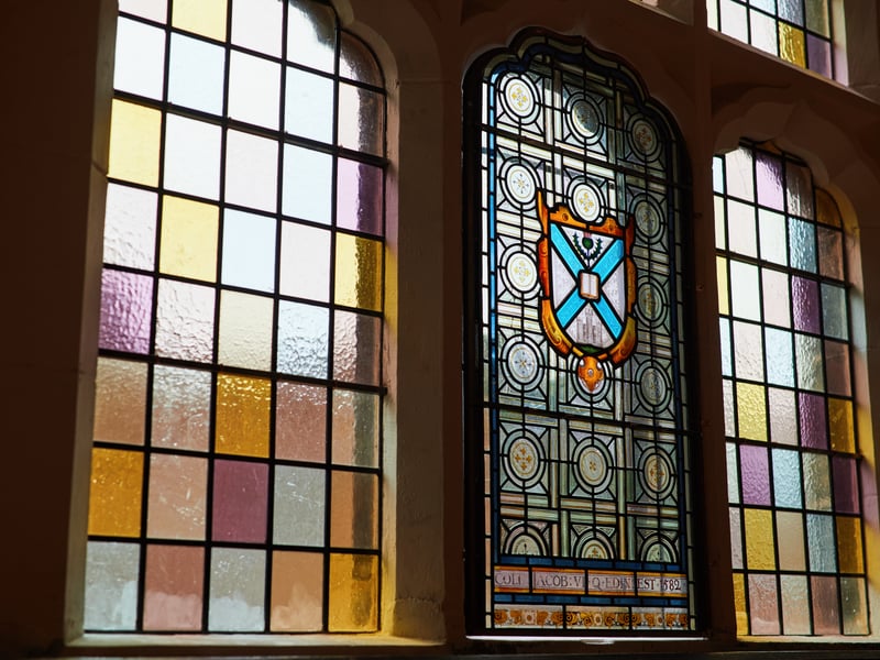Restored stained glass windows in the
Debating Hall.