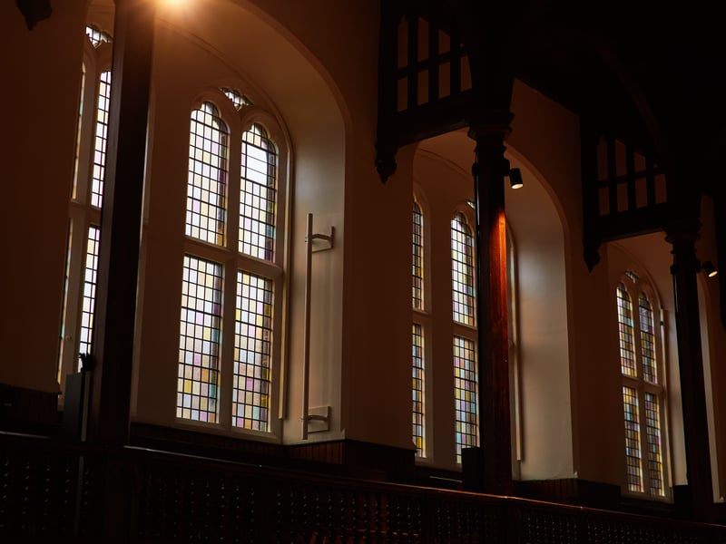Restored stained glass windows in the Debating Hall.