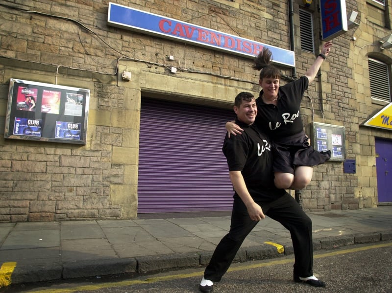 Le Roc jive dancers Chalky Whyte and Mhairi McCulloch outside the Cavendish nightclub, West Tollcross, Edinburgh, in June 2001