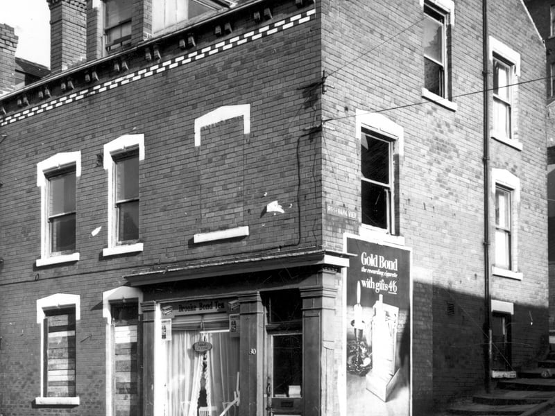 Westfield Road in November 1967. The upstairs window has been bricked up. On the right is Rosebank View where a large sign promotes Gold Bond cigarettes.