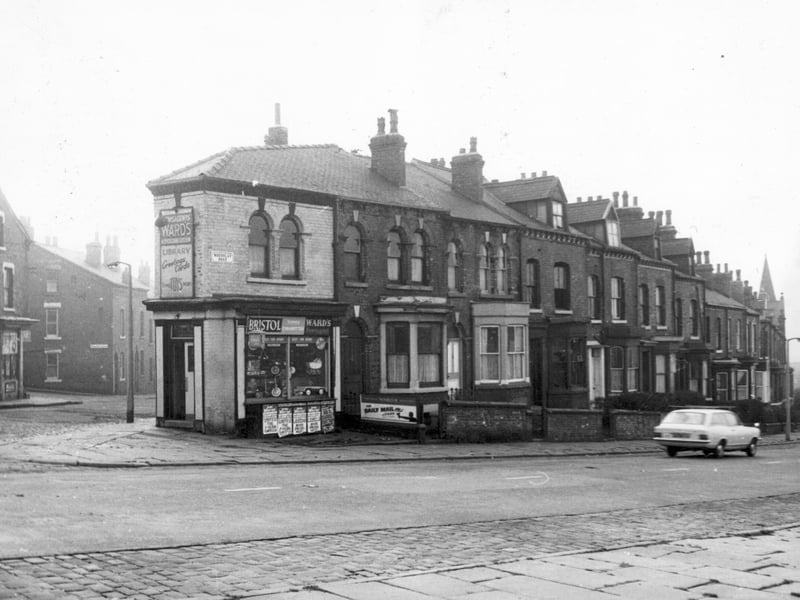 On the far left is the junction of Westfield Crescent in the distance and Woodsley Road in the foreground. At the corner is number 96, a newsagents run by Reginald Ward offering a delivery service, library, greetings cards, toys and cigarettes. Pictured in November 1967.