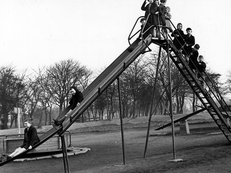 Children can be seen playing on the slide in Woodhouse Moor pictured in November 1945.