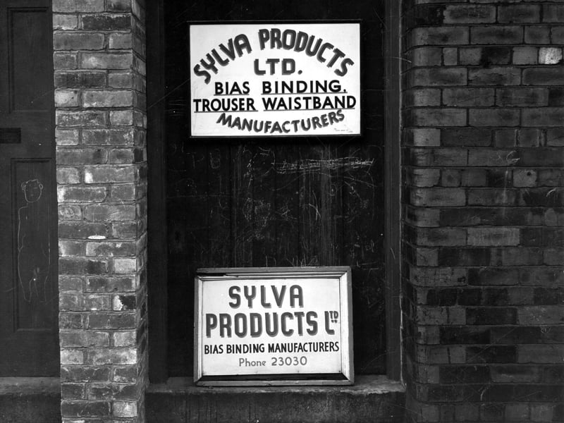 The main entrance to Sylva Products Ltd., 22 New Camp Road pictured in October 1946. The sign on door says 'Sylva Products Ltd. Bias Binding, Trouser Waistband Manufacturers'.