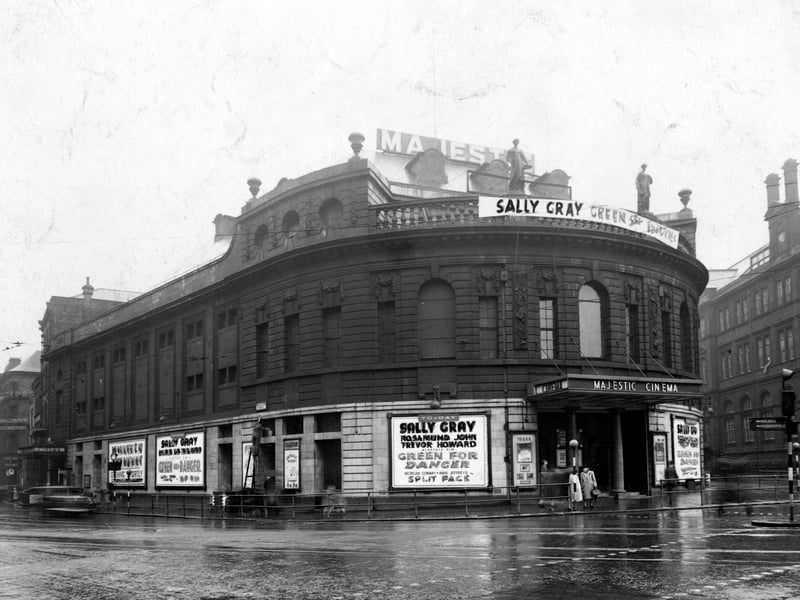 Majestic Picture House on City Square. This photo from April 1947 shows the Wellington Street side. It was built in 1921 as a picture house of marmo terracotta, made by Leeds Fireclay, Burmantofts, and opened in 1922.  At the time of this photo the terracotta was covered in soot.