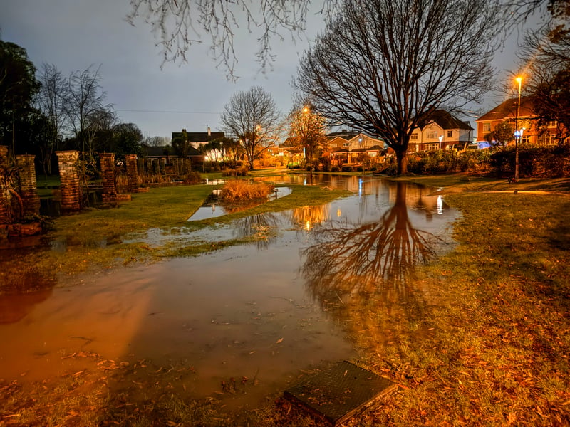 Flooding in Gosport, Hampshire after heavy rain started at 4pm into the evening - pictured is Foster Gardens - 01/02/26
