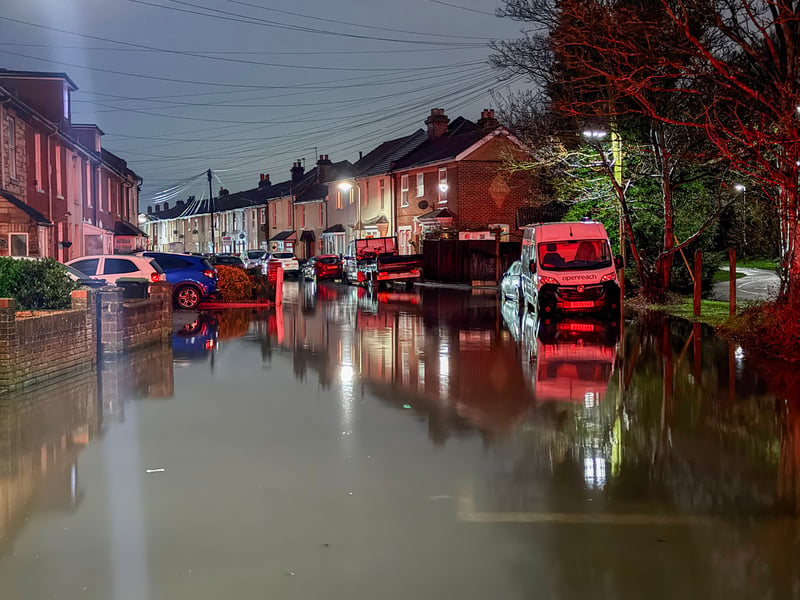 Flooding in Gosport, Hampshire after heavy rain started at 4pm into the evening - pictured is Leesland Road. - 01/02/26
