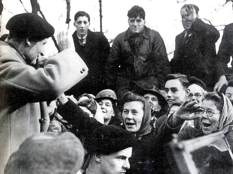 Crowds welcome Field Marshall Sir Bernard Montgomery.