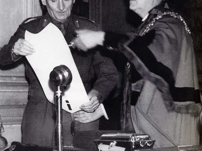 Wakefield mayor Coun Harry Watson gives Field Marshall Sir Bernard Montgomery the freedom of the city of Wakefield.
