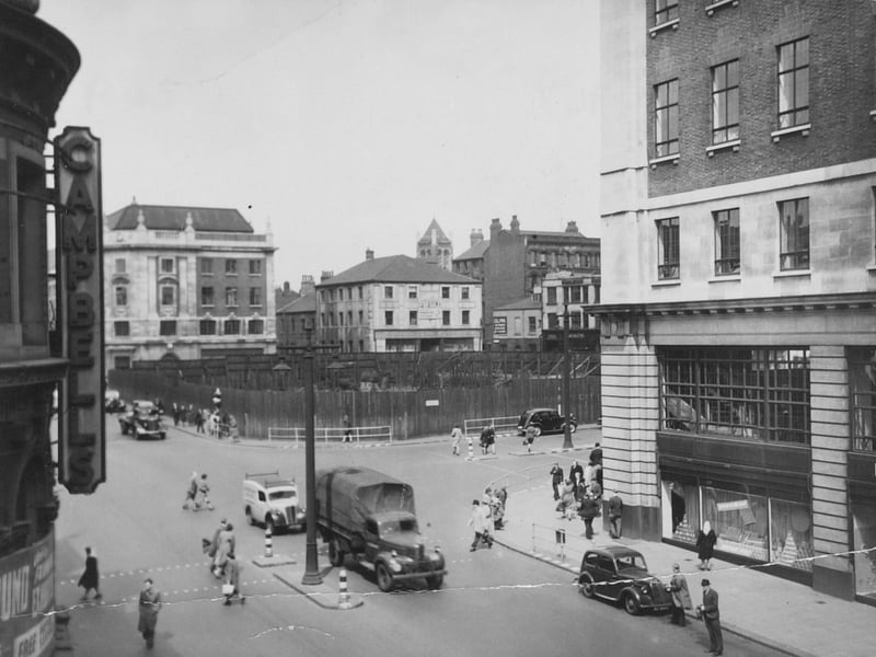 The Headrow in July 1947 with a vacant site opposite Schofields.