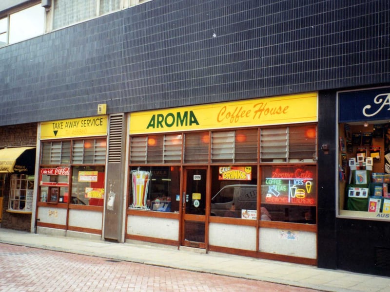Aroma Coffee House on King Charles Street in August 1991. To the left is Bianco Hair World and on the right Austicks' Bookshop