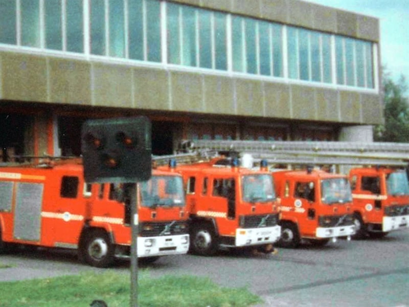 Fire engines outside Kirkstall Fire Station on Kirkstall Road. This station was built in 1972 and demolished in the 1990s to be replaced with a new station.
