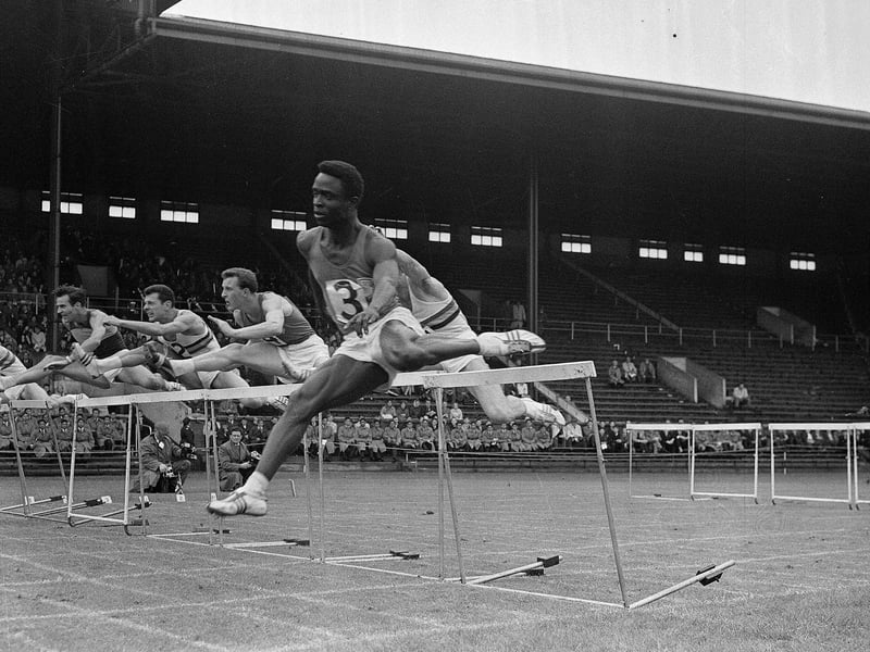 The hurdles race at the Murrayfield Highland Games in August 1963.