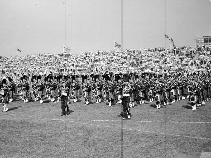 Pipe bands at the Murrayfield Highland Games in August 1959.