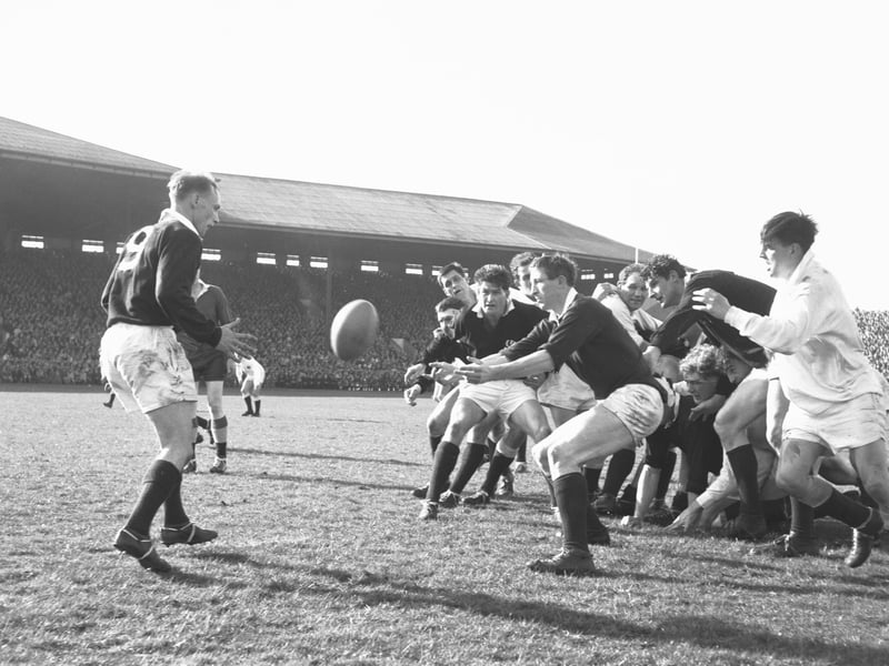 Scotland v England at Murrayfield in March 1966 - Scotland's Jim Telfer throws to a team mate.
