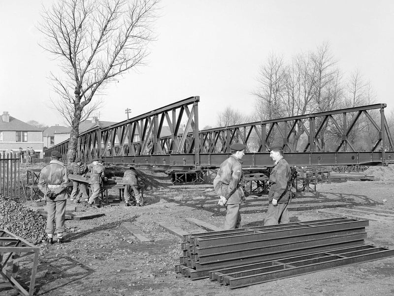 300 Parachute field squadron RE (Territorial Army) building a bridge over Water of Leith in Murrayfield in March 1960.