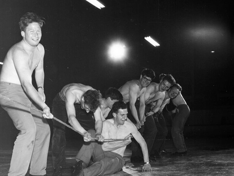 The Edinburgh University Charities Week tug o' war at Murrayfield Ice Rink in April 1963.