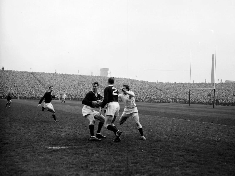 Action from the Scotland v England rugby match at Murrayfielf in March 1956.