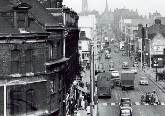 A view looking up The Moor, Sheffield city centre, in 1961, with S Sawer, tobacconist, on the left