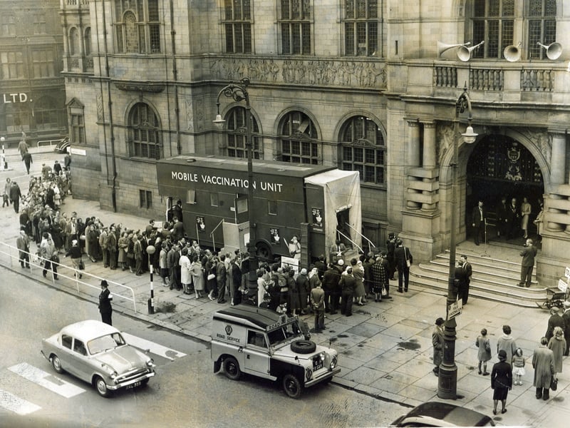 The long queue outside Sheffield Town Hall as people wait to be vaccinated at the start of the Sheffield poliomyelitis campaign, on May 1, 1961