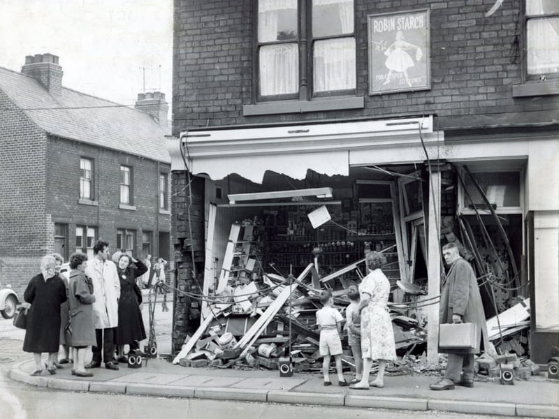 The aftermath of a crash on Penistone Road, Sheffield, in August 1961. Margaret Brooks' shop was one of many to be hit by passing lorries over a period of five months.