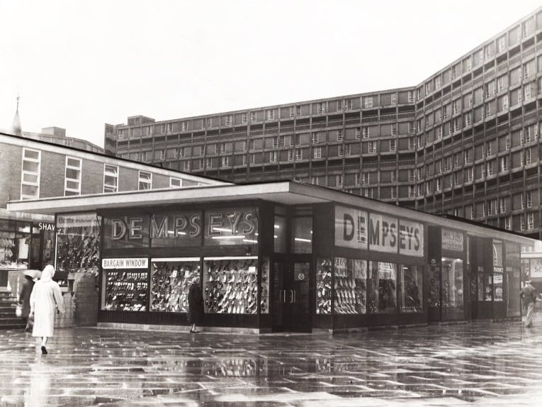 Dempseys shoe store, one of several shops on the pedestrian precinct at Sheffield's Park Hill flats, in June 1961