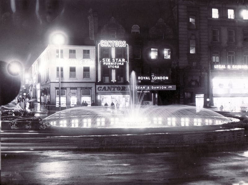 The Goodwin Fountain at the top of Fargate, Sheffield, pictured after the offical switch-on in 1961