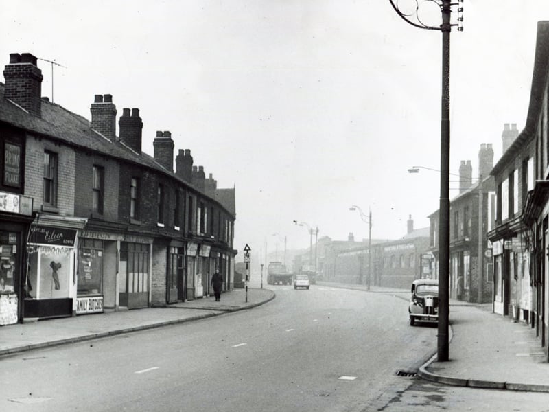 A view of the shops on Penistone Road, Sheffield, in 1961