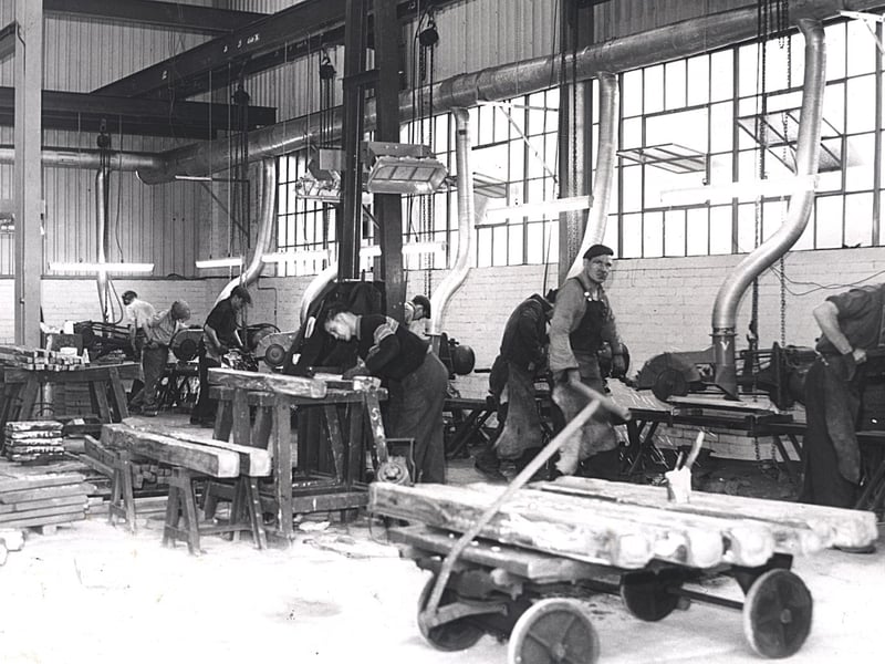 The swing grinding department at Barworth Flockton Steel works, Ecclesfield, Sheffield, in September 1961