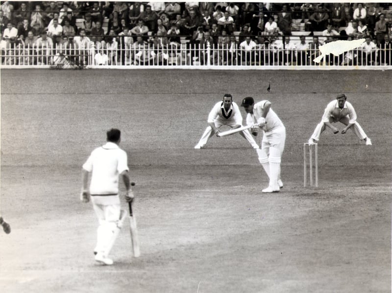 Fred Trueman batting in a Roses match at Bramall Lane, Sheffield, in 1961
