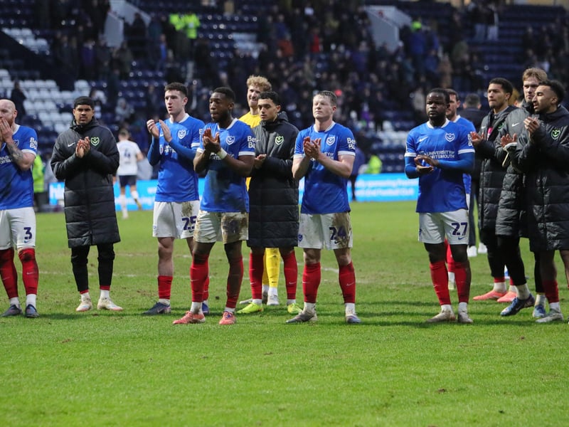 The Pompey players applaud the travelling Fratton faithful at the final whistle.
