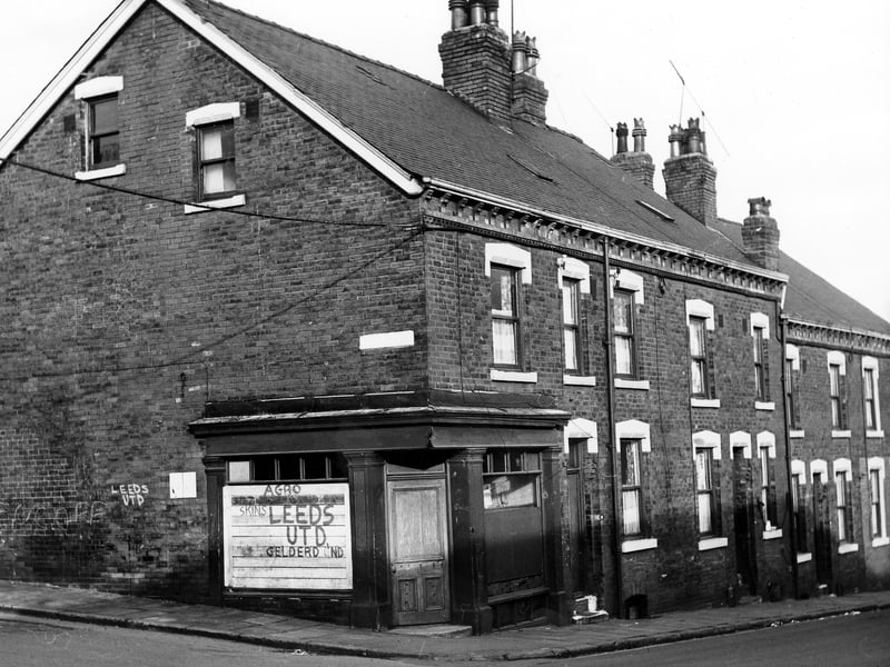 On the left of this early 1970s image is Elsworth Street with numbers 44 to 50 Winchester Road on the right. At the corner is number 50, previously a fish shop it is now boarded up and has graffiti on with the name of the City's football team, Leeds Utd.
