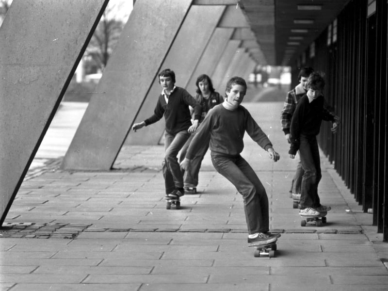 Skateboarding at Meadowbank Stadium in Edinburgh in May 1979 - these youngsters flaunt the rules and skateboard outside the stadium.