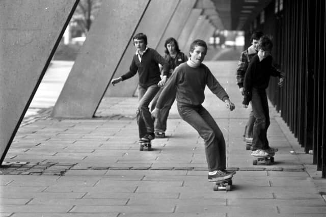 Skateboarding at Meadowbank Stadium in Edinburgh in May 1979 - these youngsters flaunt the rules and skateboard outside the stadium.