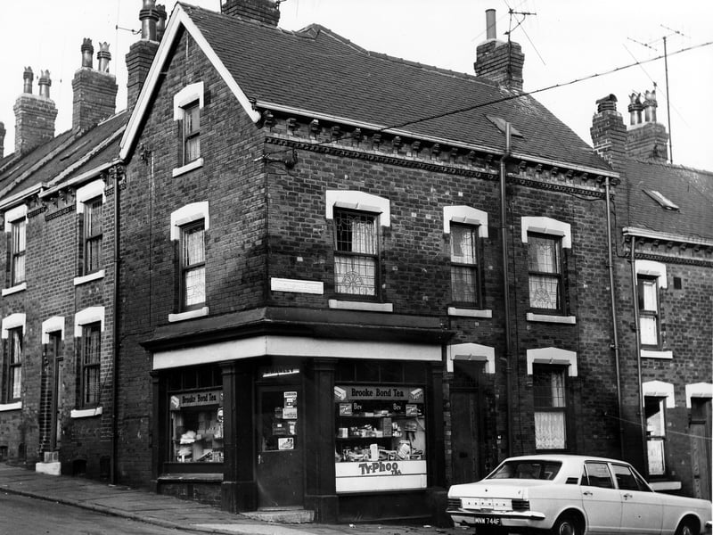 This early 1970s image shows on the left number 63 Elsworth Street, a through terraced property. At the corner is number 65, a grocery shop run by J. Hanley. Products advertised include a variety of cigarette's, tobacco's and tea's. On the right are numbers 44 and 46 Winchester Street, two blind back terraced houses with a Ford Zephyr, reg: MNW 744F parked outside.