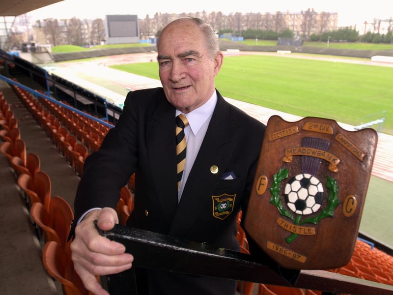 John Blane, ex-manager of then Meadowbank Thistle now Livingston FC, pictured at Meadowbank in February, 2000, with a trophy from when Meadowbank Thistle won the old Second Division title.
