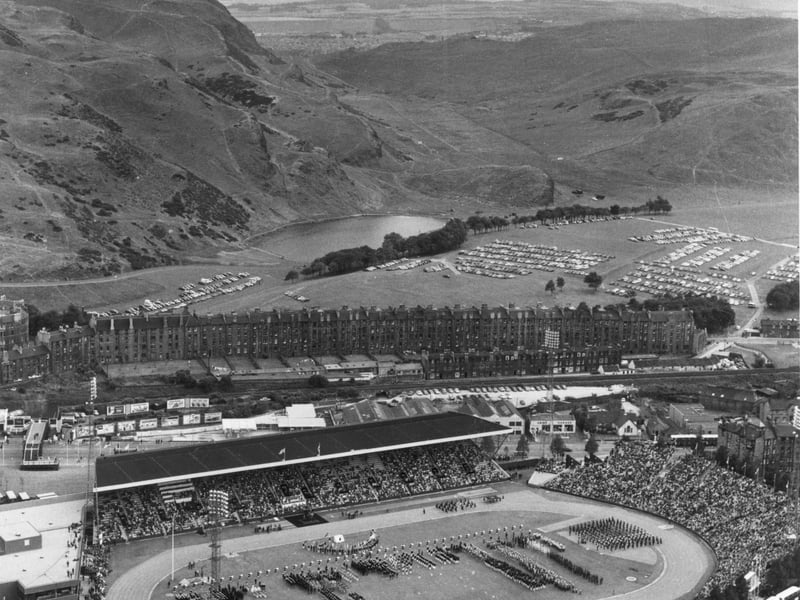 The opening ceremony of the 1970 Commonwealth Games at Meadowbank Stadium, Edinburgh, seen from above.