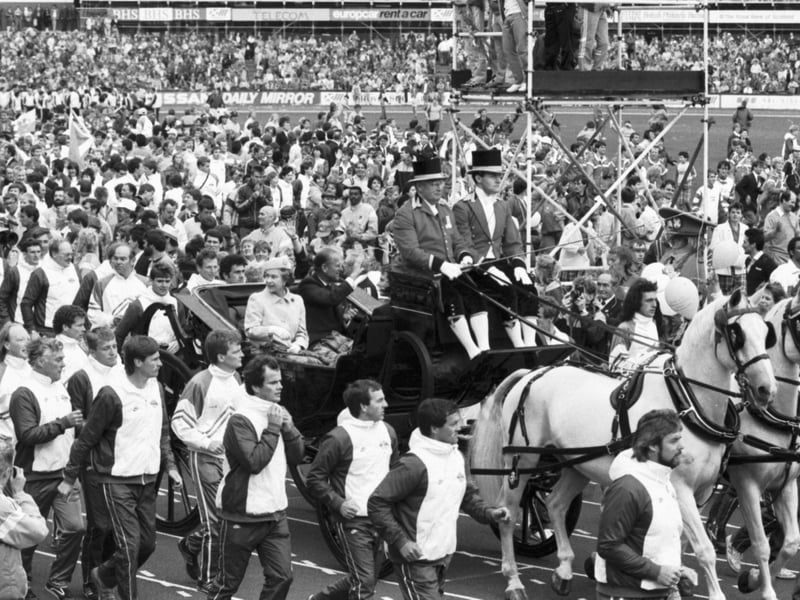 The Queen and Prince Philip did  a lap of honour with the competitors in the very informal closing ceremony of the Edinburgh Commonwealth Games 1986, held at Meadowbank Stadium.