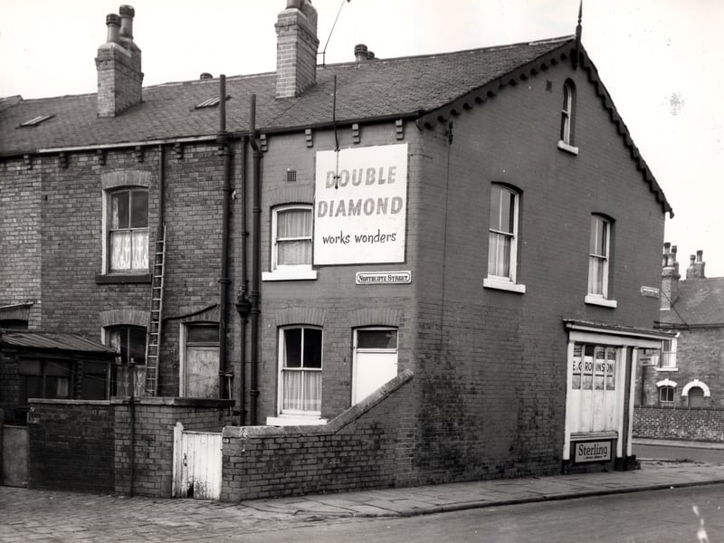 A view of Northcote Road as it joins Hunslet Hall Road, far right. E.G. Robinson, off licence and grocery is on the corner at number 2 Northcote Road. Pictured in November 1965.