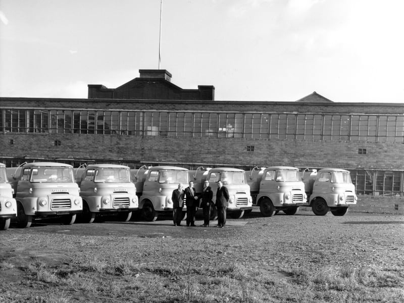Lorries built by Yorkshire Patent steam wagons Ltd awaiting export to Chile. Pictured in November 1965.