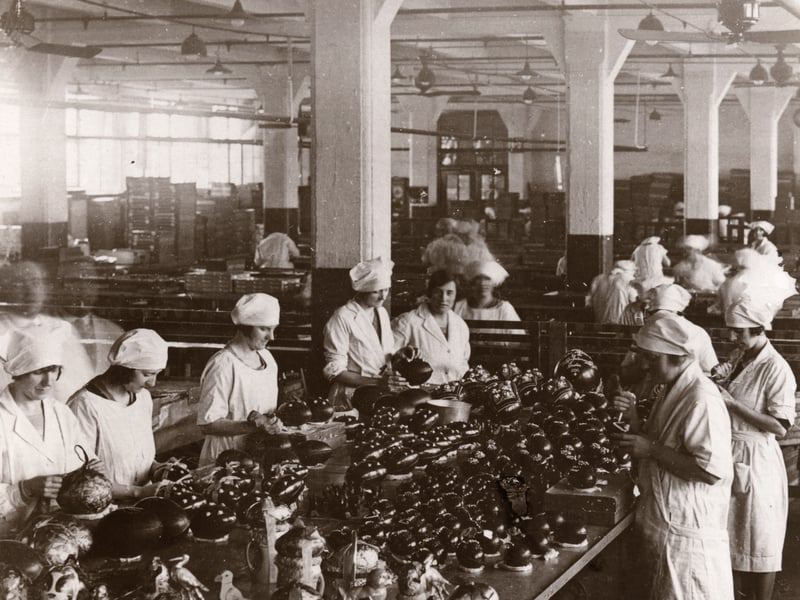 Women assemble chocolate Easter eggs at the Rowntree factory, York, in 1930