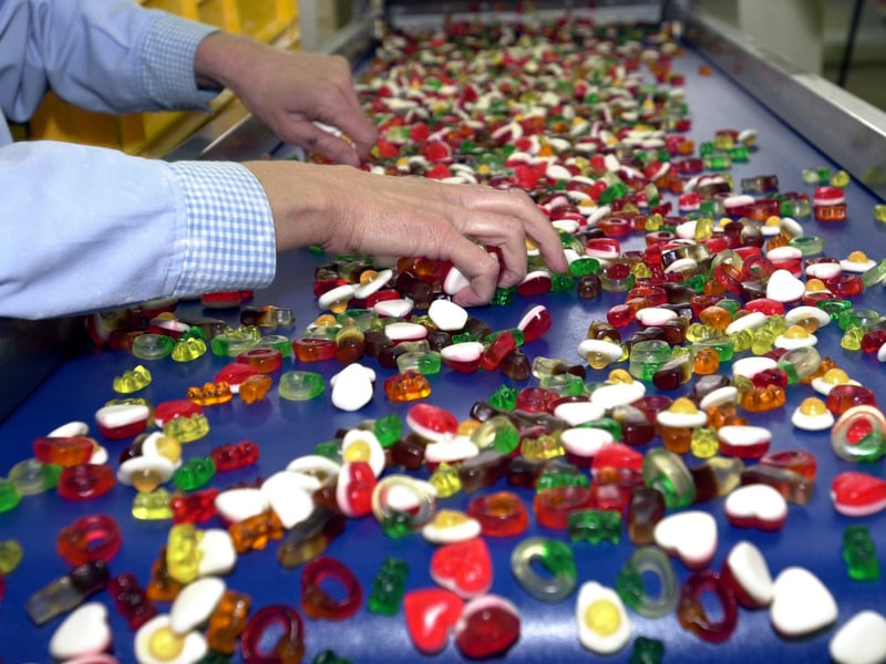 Sweets roll off the production line at the Haribo sweet factory in Pontefract in April 2004