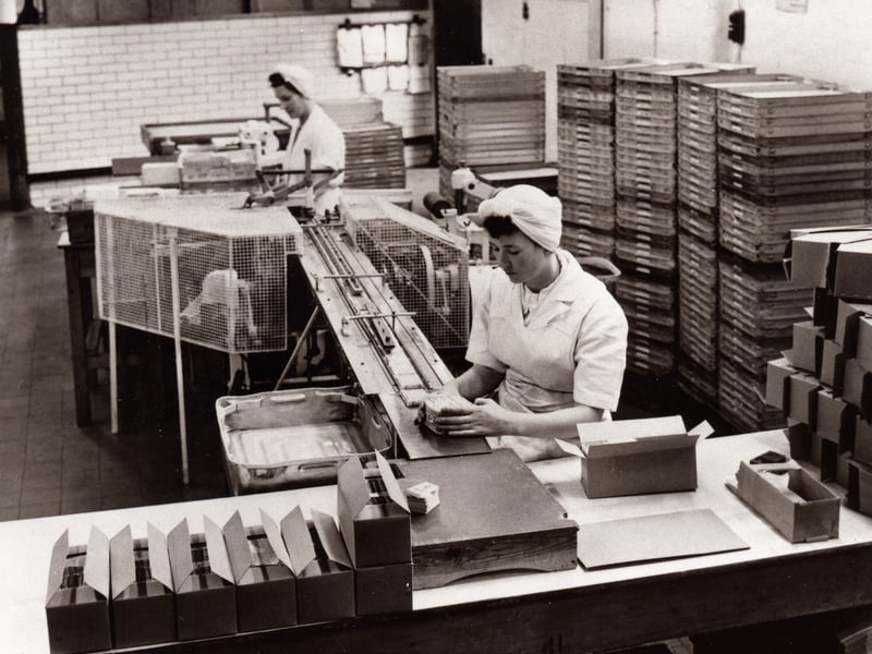 Staff packing KitKats at the Rowntree factory, York, in 1956
