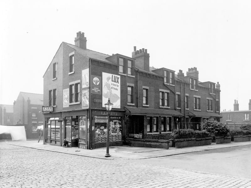 Looking from Chantrell Grove towards Chantrell Place in November 1938. Number 6 Chantrell Grove, fried fish shop, occupied by J.M. Mather. Number 4, sweet and grocery shop, owner Mrs Cecilia Farley.