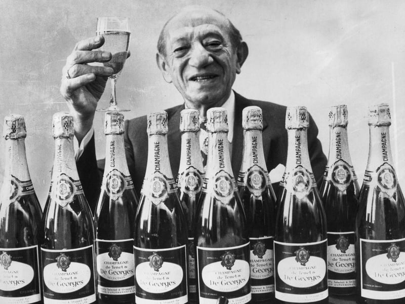 Tesco founder Sir Jack Cohen with some of the firm's De Georges champagne, selling at £1.75 a bottle, in December 1973
